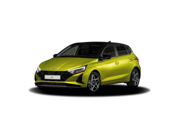 Zu sehen ist ein Hyundai i20 Trend in Lucid Lime mit 16-Zoll Leichtmetallfelgen.
